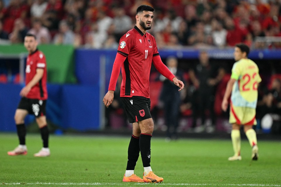 Albania's forward #11 Armando Broja looks on during the UEFA Euro 2024 Group B football match between Albania and Spain at the Duesseldorf Arena in Duesseldorf on June 24, 2024. (Photo by PATRICIA DE MELO MOREIRA / AFP) (Photo by PATRICIA DE MELO MOREIRA/AFP via Getty Images)