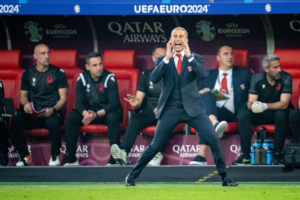 DUSSELDORF, GERMANY - JUNE 24: Sylvinho of Albania gestures during the UEFA EURO 2024 group stage match between Albania and Spain at Dusseldorf Arena on June 24, 2024 in Dusseldorf, Germany. (Photo by Mateusz Slodkowski/Getty Images)