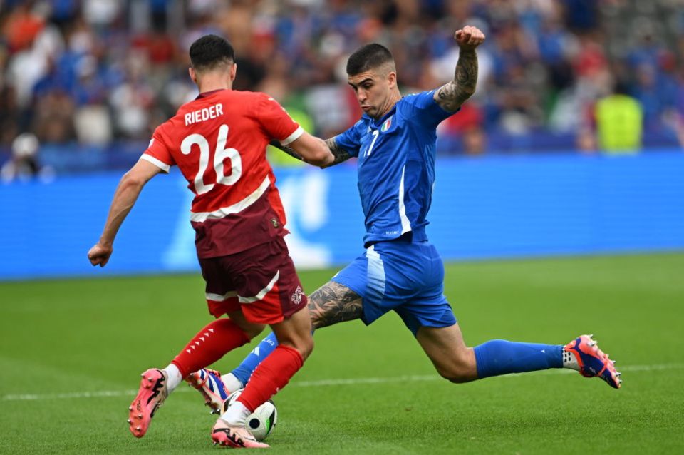 BERLIN, GERMANY - JUNE 29: Fabian Rieder (26) of Switzerland in action against Gianluca Mancini (17) of Italy during the UEFA Euro 2024 round of 16 football match between Switzerland and Italy at the Olympiastadion Berlin in Berlin on June 29, 2024. (Photo by Halil Sagirkaya/Anadolu via Getty Images)