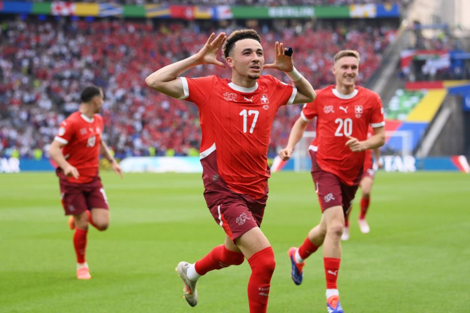 BERLIN, GERMANY - JUNE 29: Ruben Vargas of Switzerland celebrates scoring his team's second goal during the UEFA EURO 2024 round of 16 match between Switzerland and Italy at Olympiastadion on June 29, 2024 in Berlin, Germany. (Photo by Stu Forster/Getty Images)