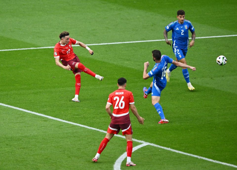 BERLIN, GERMANY - JUNE 29: Ruben Vargas of Switzerland scores his team's second goal during the UEFA EURO 2024 round of 16 match between Switzerland and Italy at Olympiastadion on June 29, 2024 in Berlin, Germany. (Photo by Dan Mullan/Getty Images)