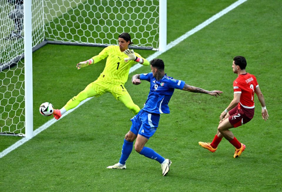 BERLIN, GERMANY - JUNE 29: Gianluca Scamacca of Italy shot hits the post during the UEFA EURO 2024 round of 16 match between Switzerland and Italy at Olympiastadion on June 29, 2024 in Berlin, Germany. (Photo by Dan Mullan/Getty Images)