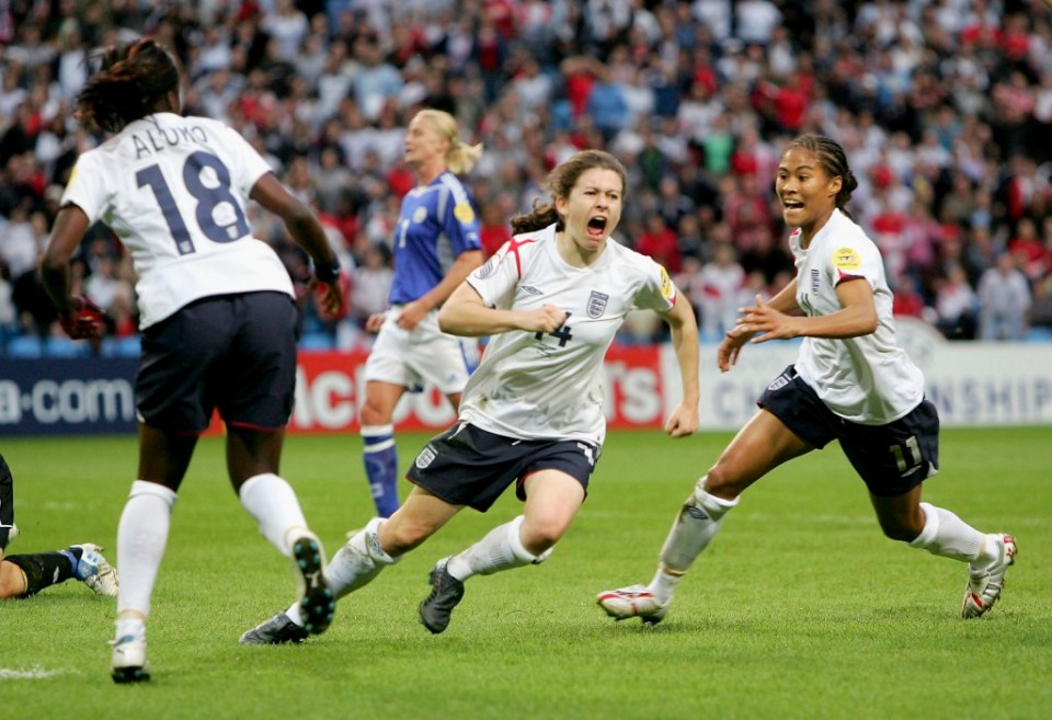 MANCHESTER, ENGLAND - JUNE 5: Karen Carney of England celebrates scoring the winning goal against Finland during the Women's UEFA European Championship 2005 Group A game between England and Finland at the City of Manchester Stadium on June 5, 2005 in Manchester, England. (Photo by Alex Livesey/Getty Images)