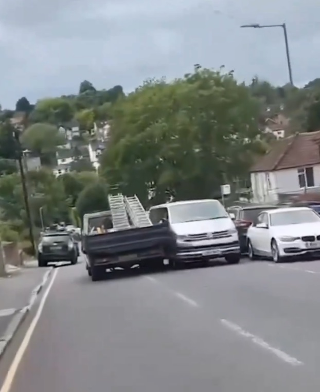 At the start of the footage the lorry driver scrapes along the side of a van, knocking its wing mirror off