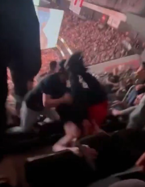 He then climbed back up and landed a huge punch on the other fan, sending him tumbling down the stand