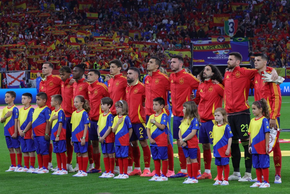 The Spanish team line up for the national anthem at Euros 2024