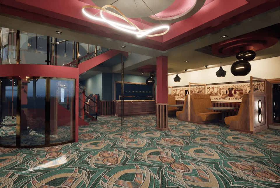 a restaurant with a green carpet and a red staircase