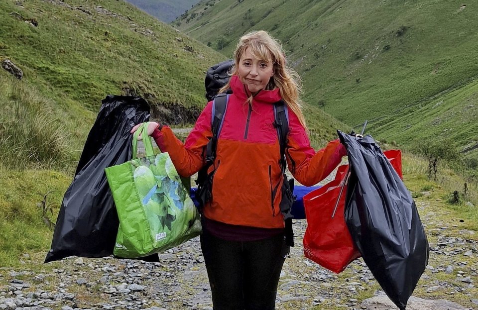 Kate Appleby doing some rubbish clearing in the Lake District. Photo released June 25 2024. Illegal campers have been frustrating inhabitants of the Lake District by fly tipping and scorching the earth with BBQs. Parties of wild campers are said to be venturing into the national park with the intention of drinking and eating outdoors before spending the night in tents. The Lake District National Park Authority insists that wild camping is not technically permitted anywhere in the Lake District without permission from private landowners. Those who live nearby have become fed up with the fly campers ditching all their rubbish and displaying antisocial behaviour. .