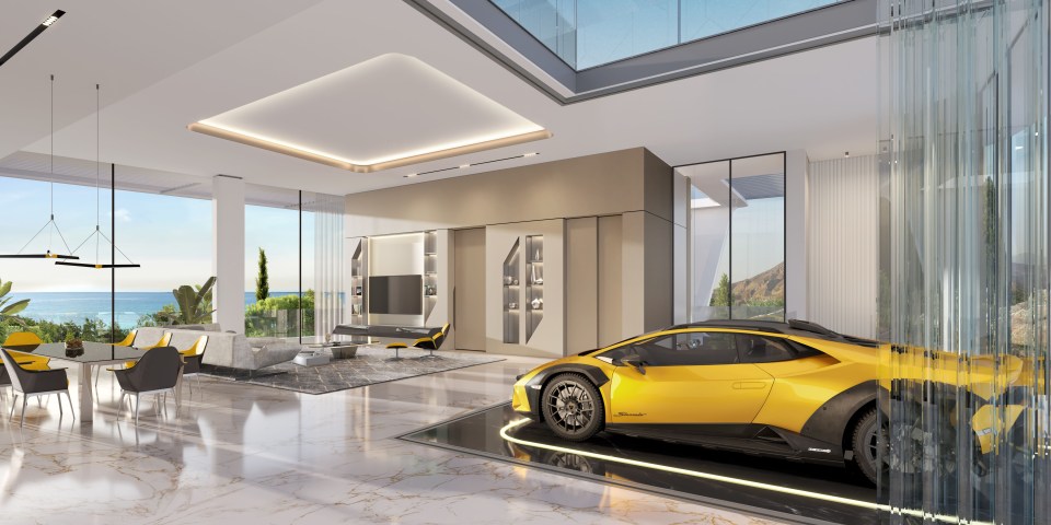 a yellow lamborghini is parked in a modern living room