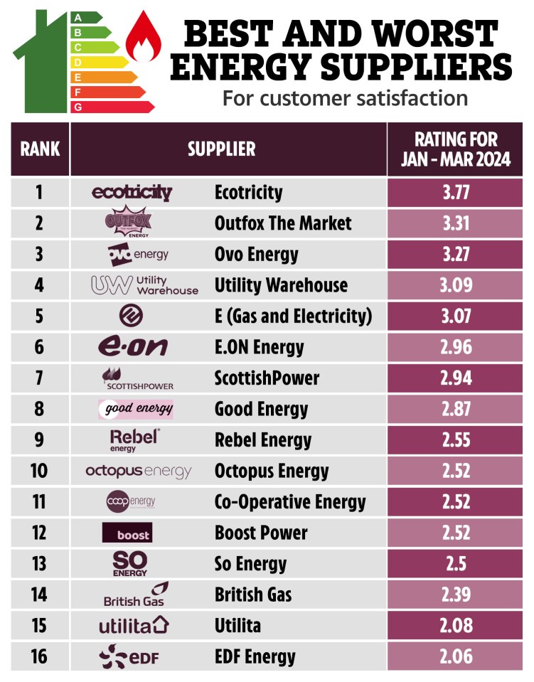 The UK's biggest energy firms have been ranked from best to worst for customer service