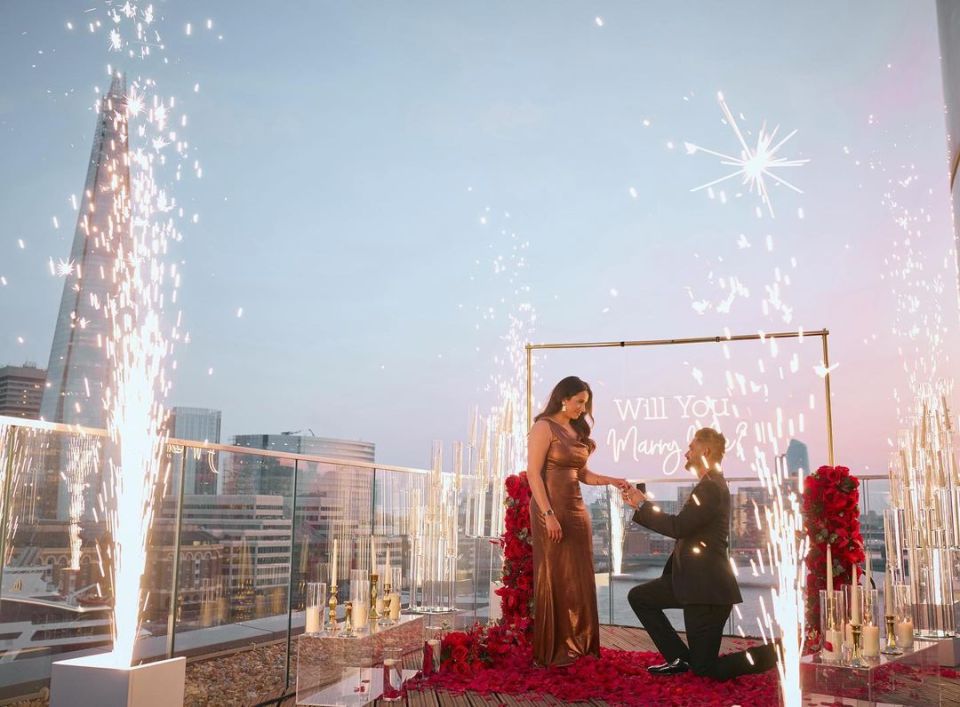 London-based Akshay popped the question in a stunning rooftop ceremony in 2023