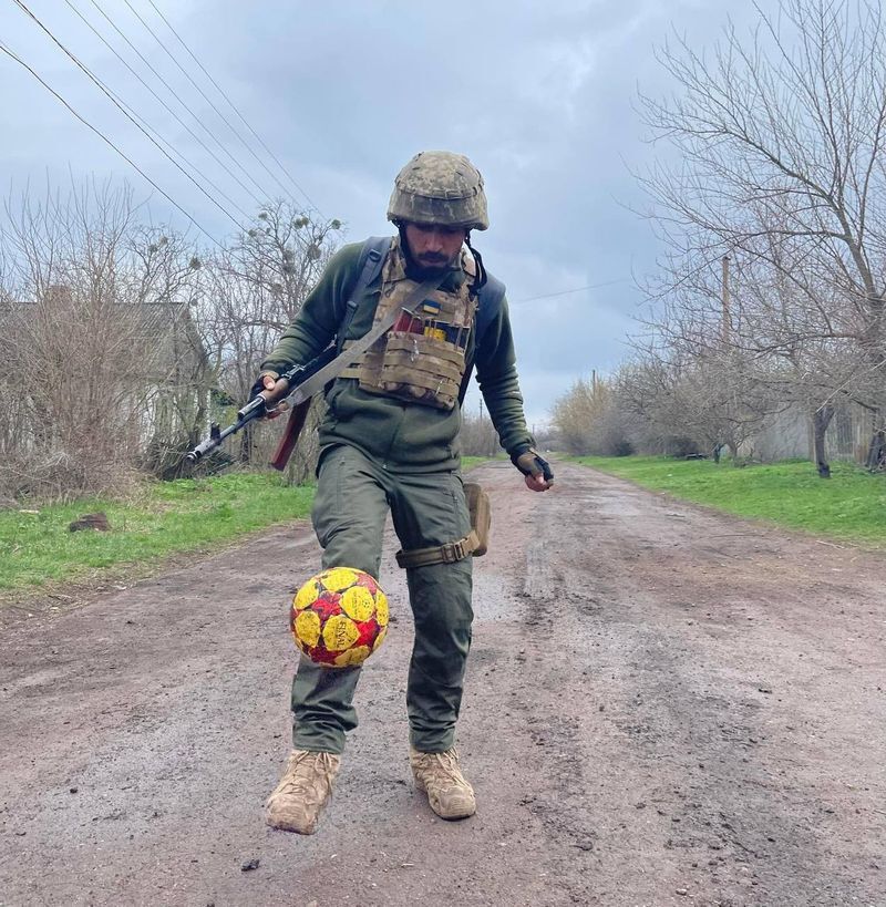 Many footballers are now fighting on the frontline including Oleksandr Makhov, 36, Ultras FC Zorya, who was killed in action in May 2022