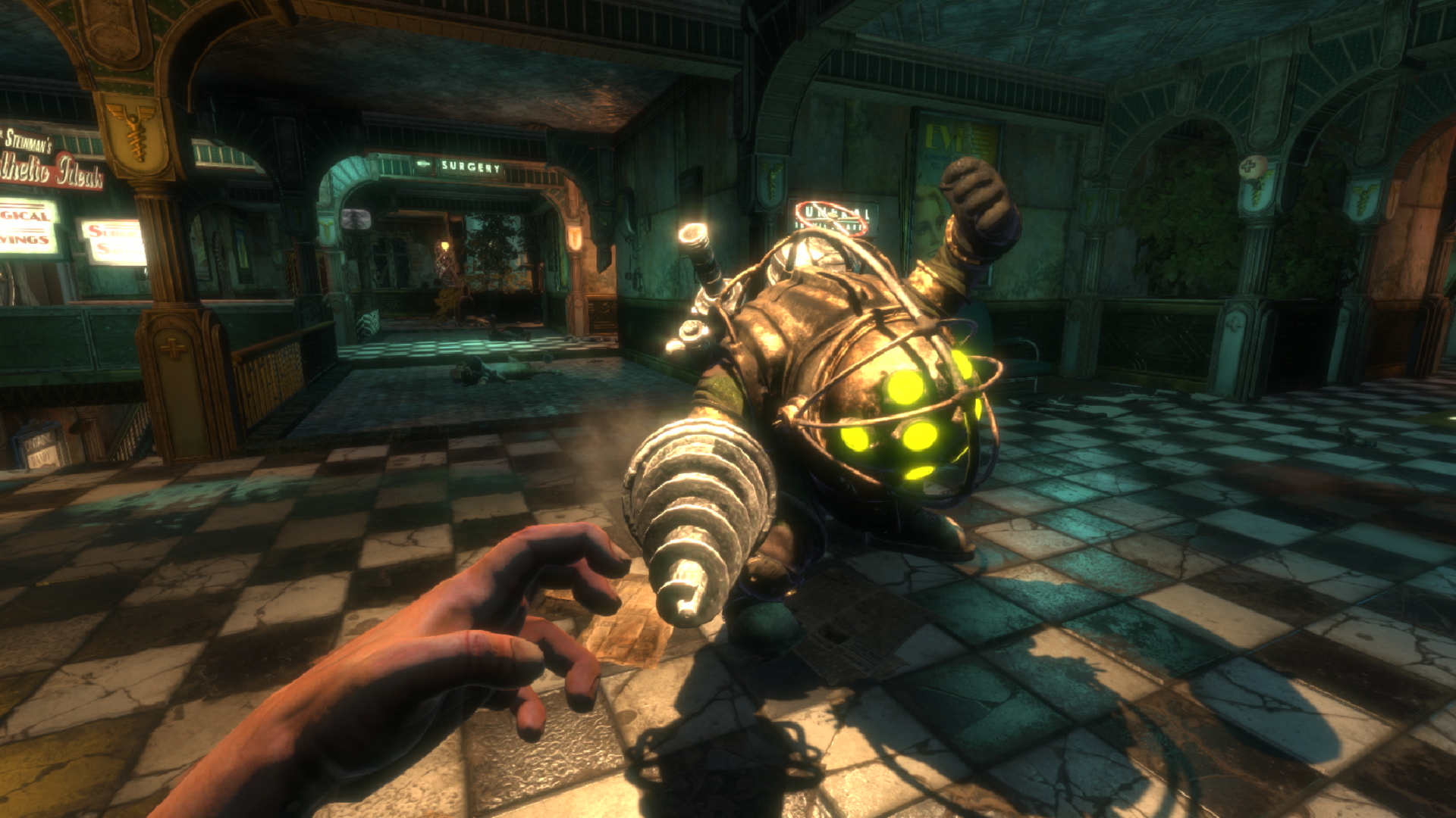 Screenshot of Bioshock showing a Big Daddy attacking the player.