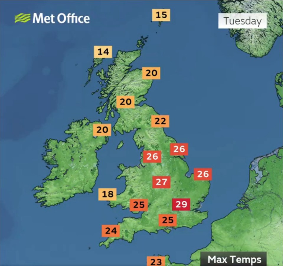 The Met Office is expecting temperatures to soar on Tuesday