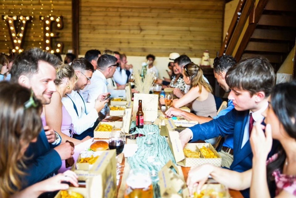 Immie, 30 and Josh, 40, rang a chippy when the supplier pulled out 24 hours before their big day - giving their guest a true feast after all