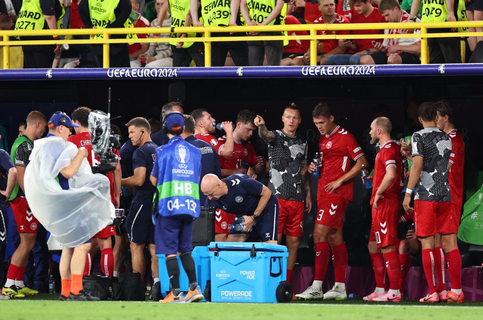 Denmark players took shelter under the dugout