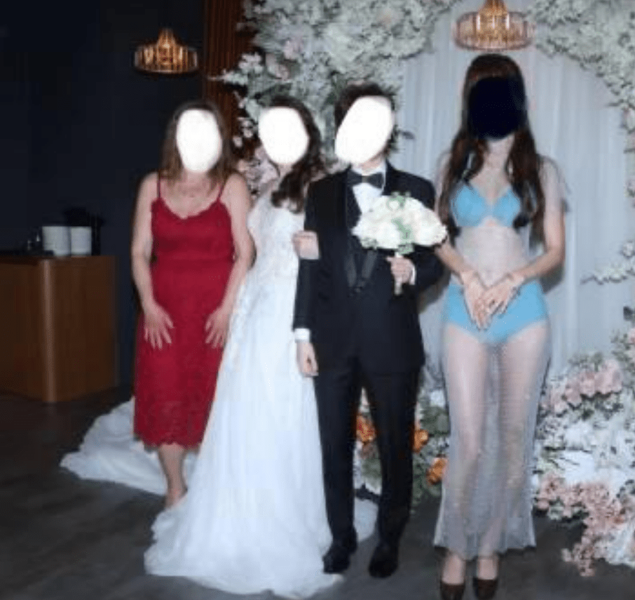 A mother-of-the-bride shocked people wearing a blue bikini and see-through dress to the wedding