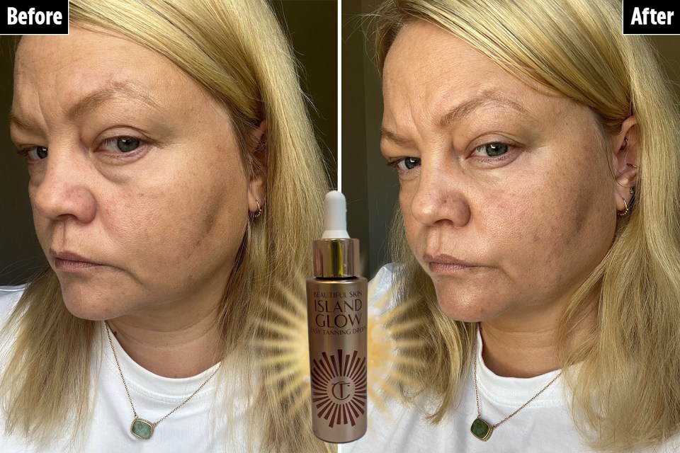 Charlotte Tilbury tanning drops (before and after).