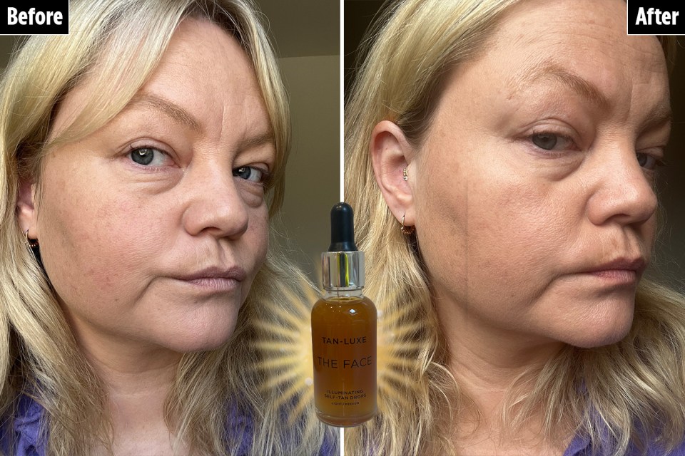 Tan-Luxe self-tan drops (before and after).