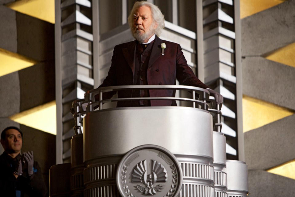 Sutherland as the tyrannical President of Panem in The Hunger Games