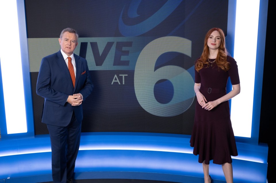 Hugh Bonneville and Karen Gillan are top telly news presenters in Douglas Is CancelledHugh Bonneville and Karen Gillan are top telly news presenters in Douglas Is Cancelled