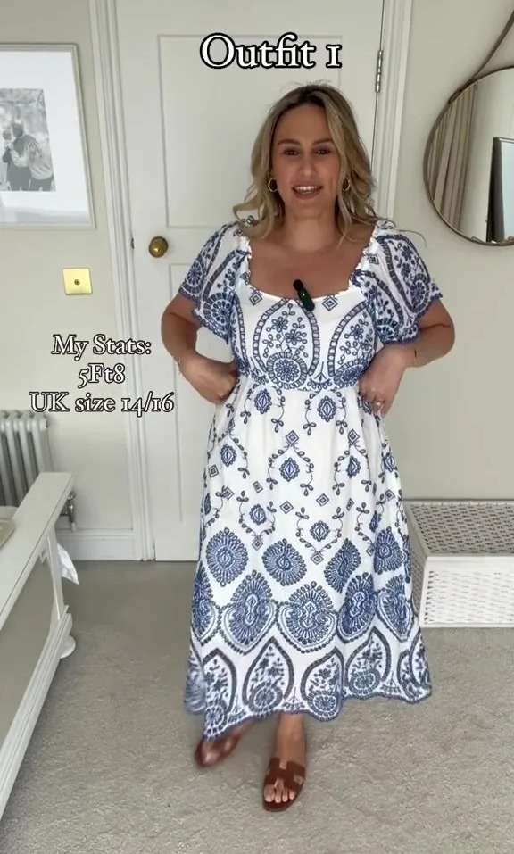 Rebecca sent fashion fans into a frenzy with this F&F blue and white frock