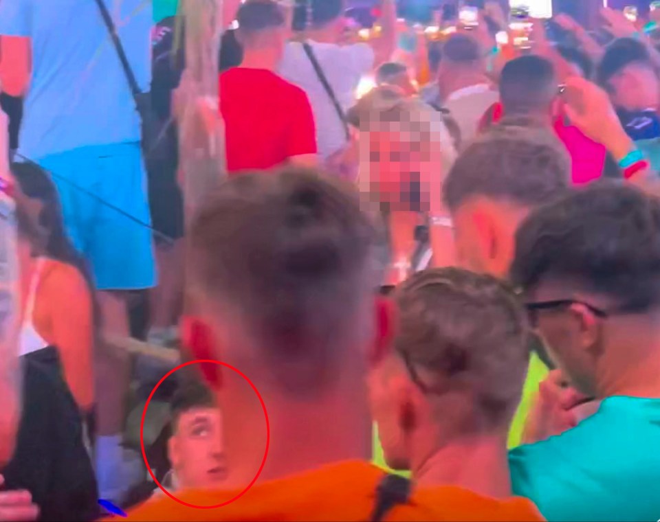 Jay, bottom centre, appeared to stumble to the floor in the packed nightclub