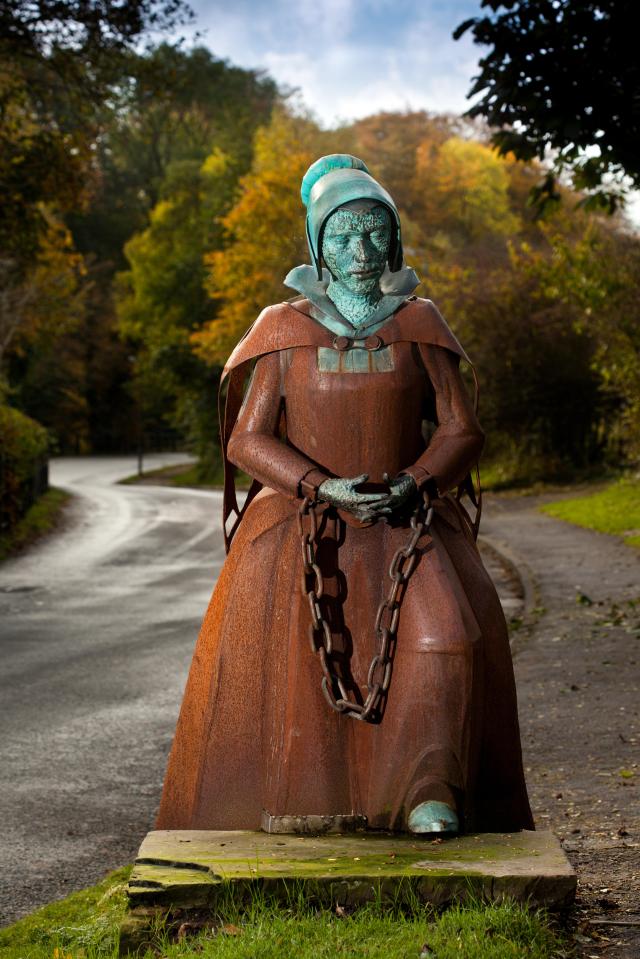 A Statue of Alice Nutter one of the Pendle Witches in her home village on Blacko Bar Road, Roughlee, Lancs, UK