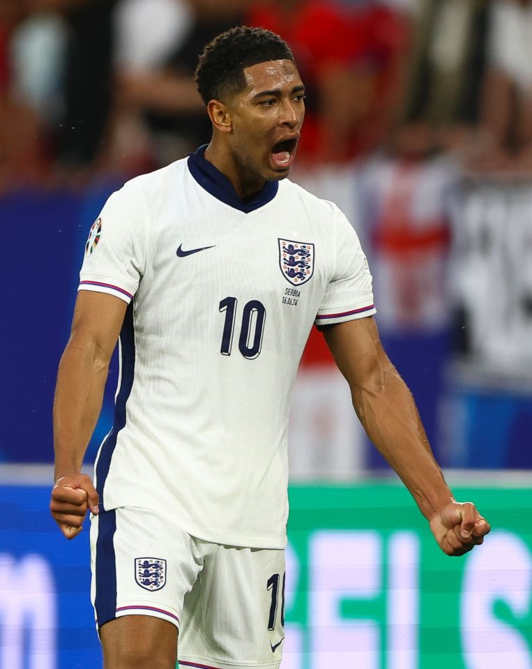 Bellingham celebrating his goal against Serbia