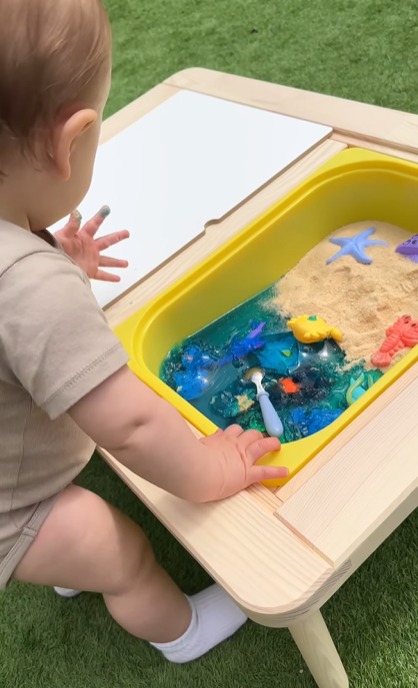 The former Geordie Shore star said Alpha-Jax had hours of fun with the sensory table