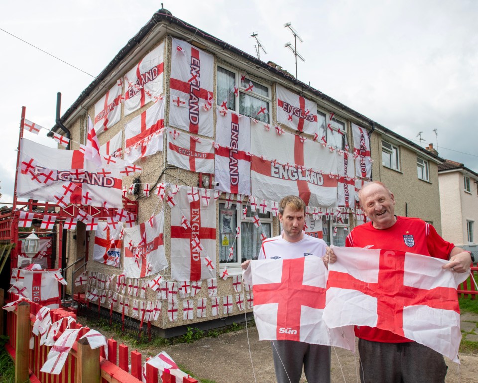 England super-fan Paul Bibby, pictured with son Aaron (left), has covered his Essex home with 500 flags