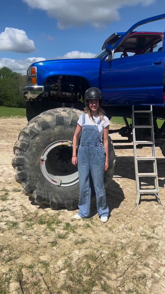 Hannah swaps the swimsuit for dungarees as she goes Monster Truck driving