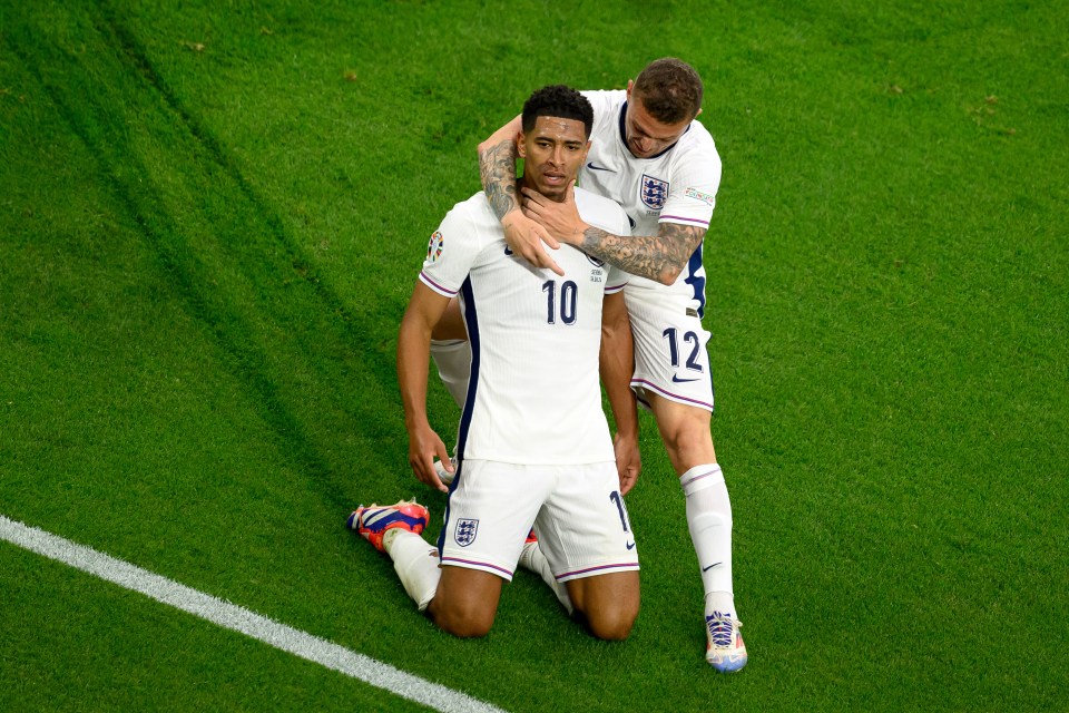 Bellingham celebrates a goal with teammate Kieran Trippier