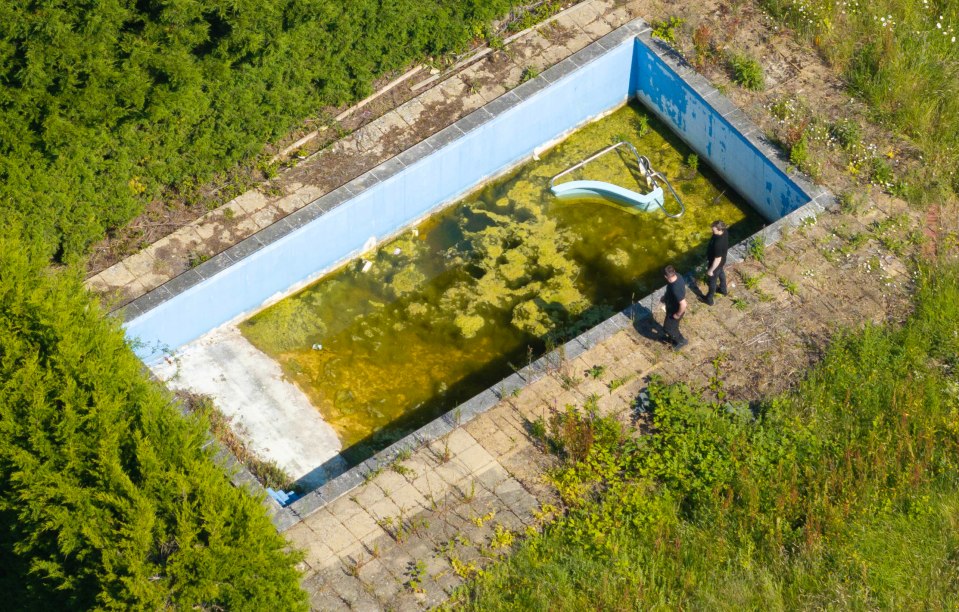 The large outdoor swimming pool is covered in green algae