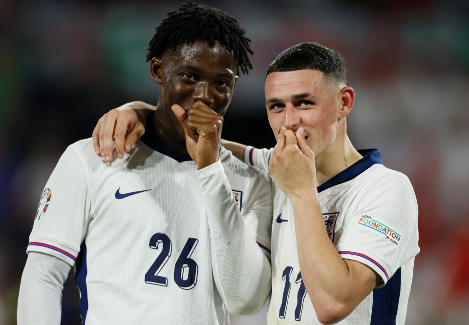 Kobbie Mainoo, left, and England team-mate Phil Foden, right, both hail from Stockport