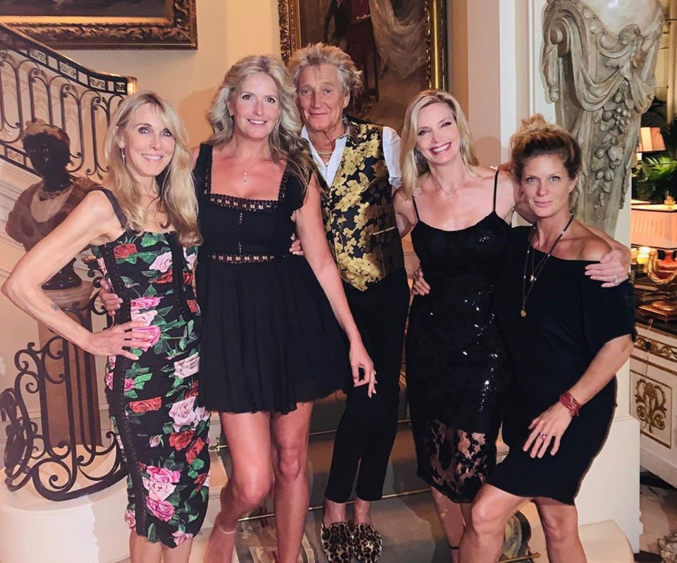 Rod previously posed with all of his exes (from left to right), Alana Stewart, current wife Penny, ex-partner Kelly Emberg and Rachel Hunter