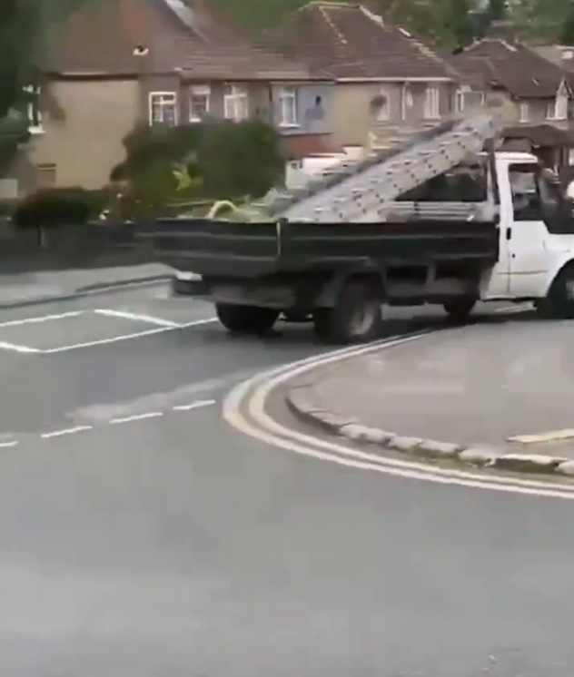 The driver then crosses onto the pavement on the other side of the road