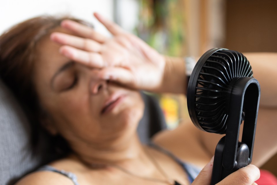 a woman covering her face with her hand while holding a fan