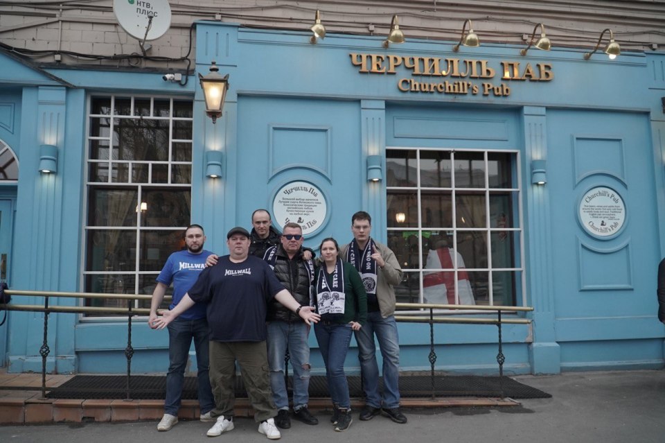 Millwall's so-called "Russian Lions" gather at Churchill's Pub in Moscow