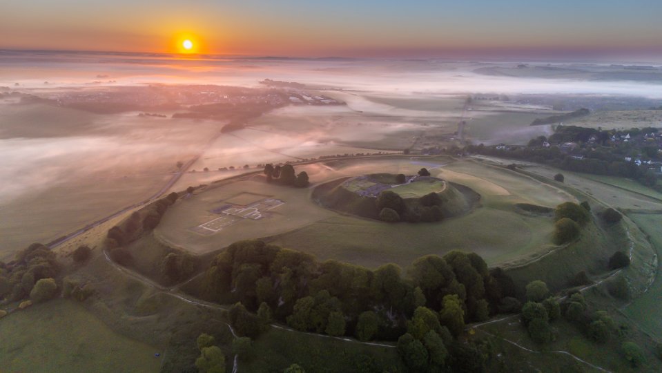 Sunrise at Old Sarum castle, Wiltshire, today