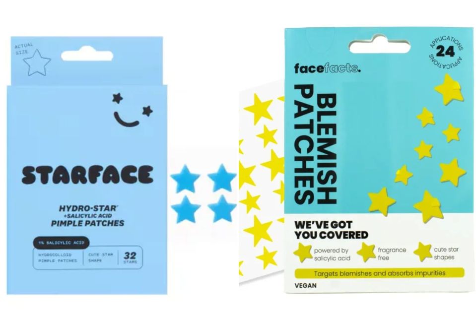 Starface salicylic acid pimple patches, above left, £10.99 for 32, or Face Facts blemish patches from B&M, above right, £1 for 24