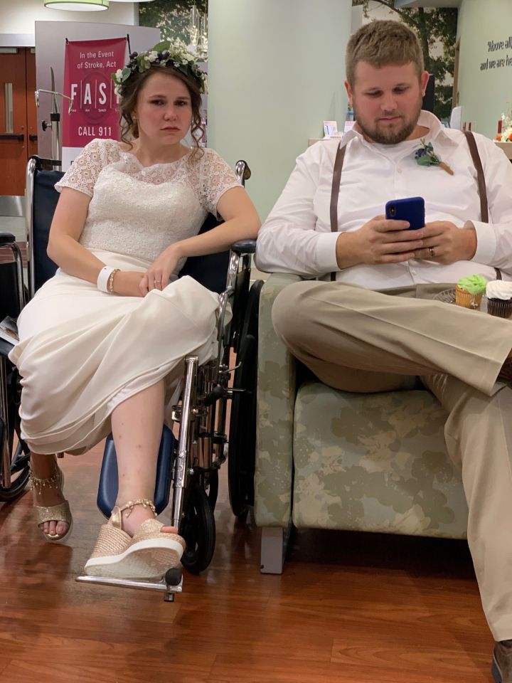 The pair were stuck in hospital while their guests enjoyed their wedding reception