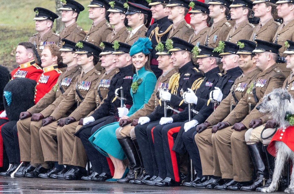 The Princess of Wales sits with the officers of the Irish Guards at the St. Patrick’s Day Parade in Aldershot