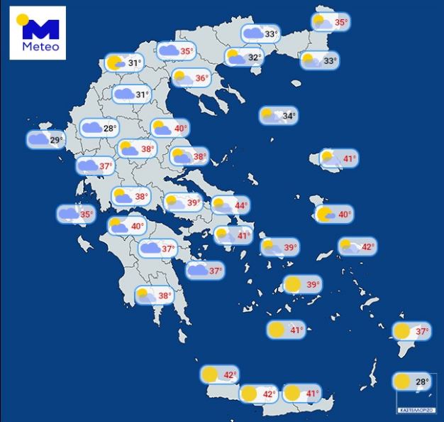 Parts of Greece are expected to reach temperatures of up to 44C today, say heat maps from the country