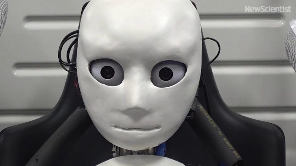 The humanoid robot has cameras fixed in its eyes