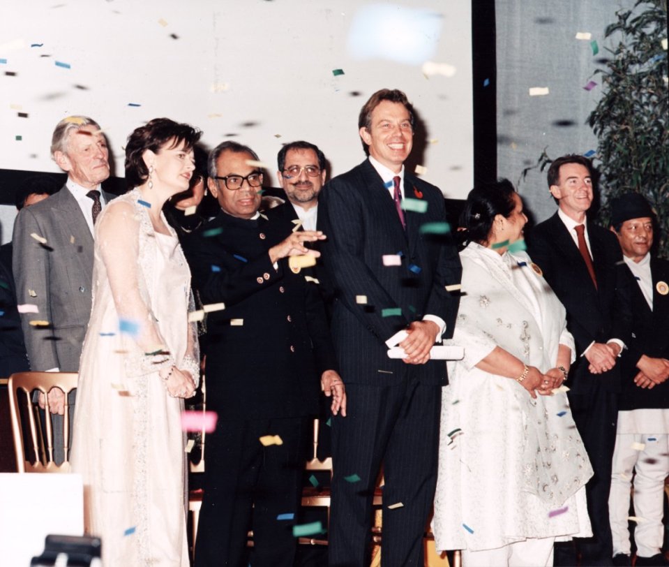 (L-R) Cherie and Tony Blair with Srichand Hinduja, his wife Madhu Hinduda and Peter Mandelson (far right) at Alexandra Palace