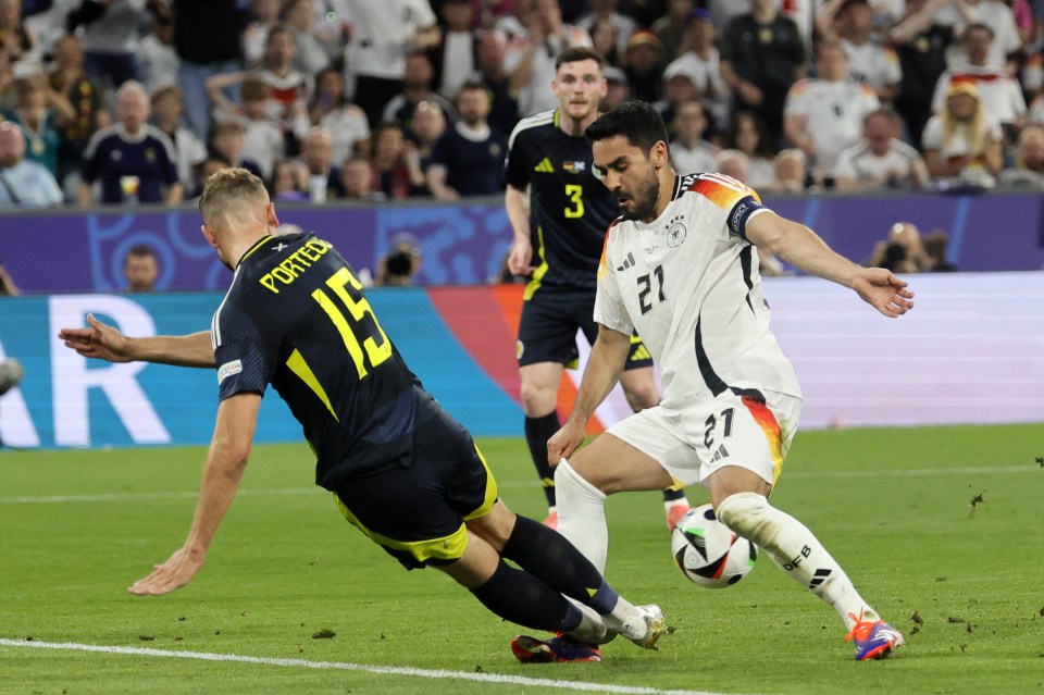 Ryan Porteous was sent off after a VAR review for a bad challenge on Ilkay Gundogan