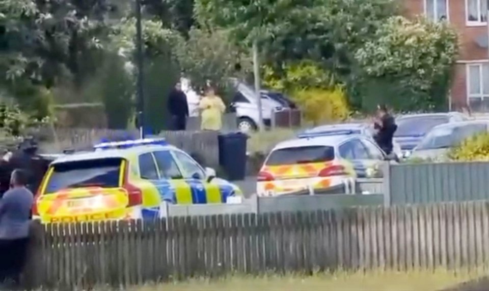 a group of police cars are parked in front of a fence .