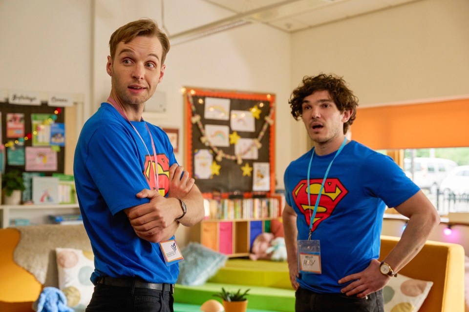 Superheroes Gabe and Andy, played by Fra Fee