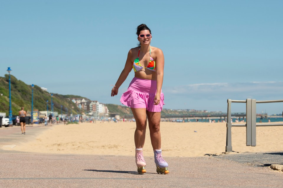 A woman roller blades down Bournemouth prom on Tuesday